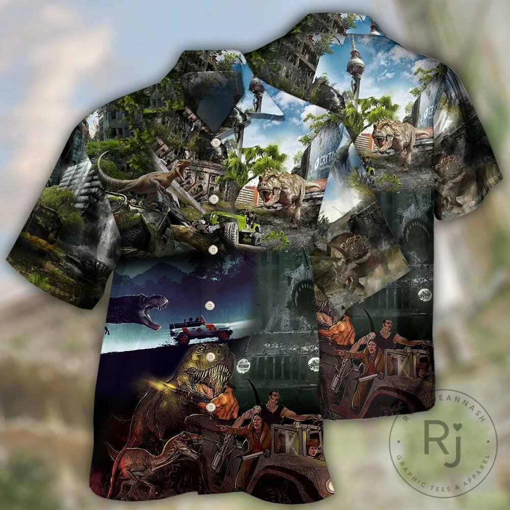 Men’s and Women’s Hawaiian Shirt featuring Jurassic Park Dinosaur Jeep Adventure 8 Men’s and Women’s Hawaiian Shirt featuring Jurassic Park Dinosaur Jeep Adventure