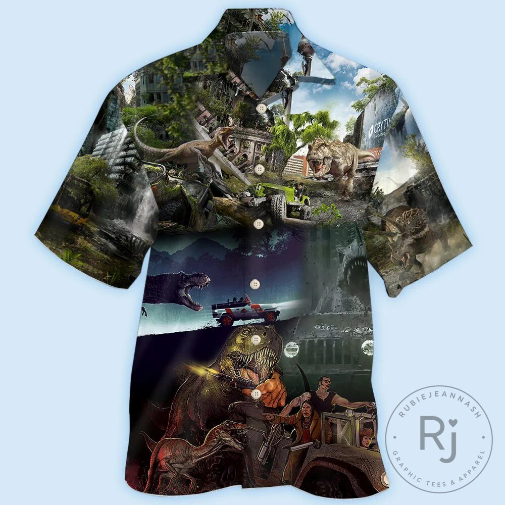 Men’s and Women’s Hawaiian Shirt featuring Jurassic Park Dinosaur Jeep Adventure 9 Men’s and Women’s Hawaiian Shirt featuring Jurassic Park Dinosaur Jeep Adventure