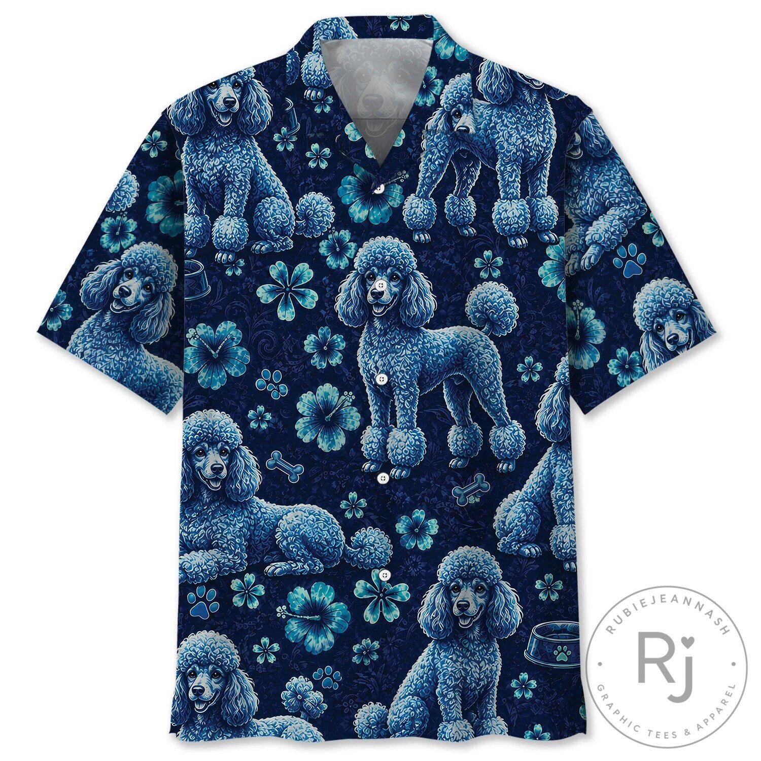 Blue Poodle Dog Tropical Hibiscus Hawaiian Shirt for Men and Women