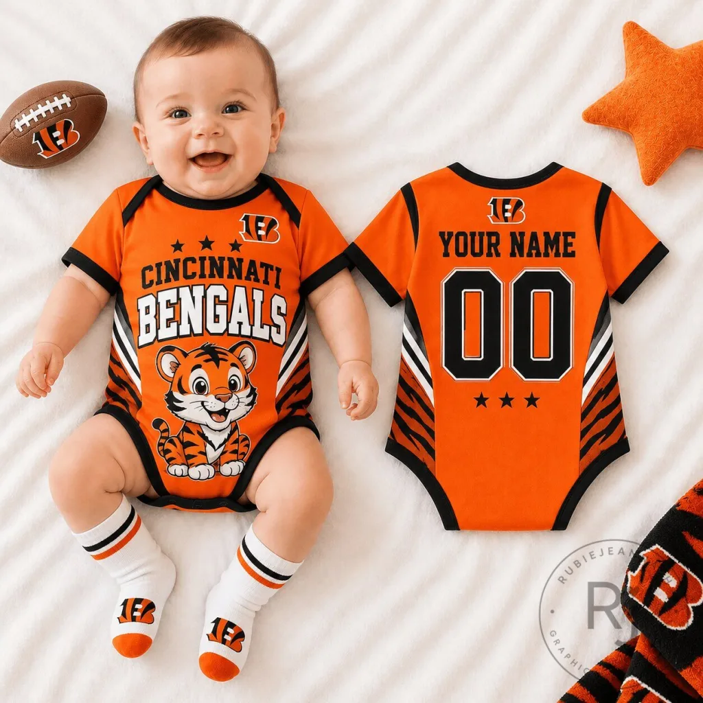 Cincinnati Bengals Football Team Baby Romper Custom Name and Number Infant Bodysuit Cincinnati Bengals Football Team Baby Romper Custom Name and Number Infant Bodysuit