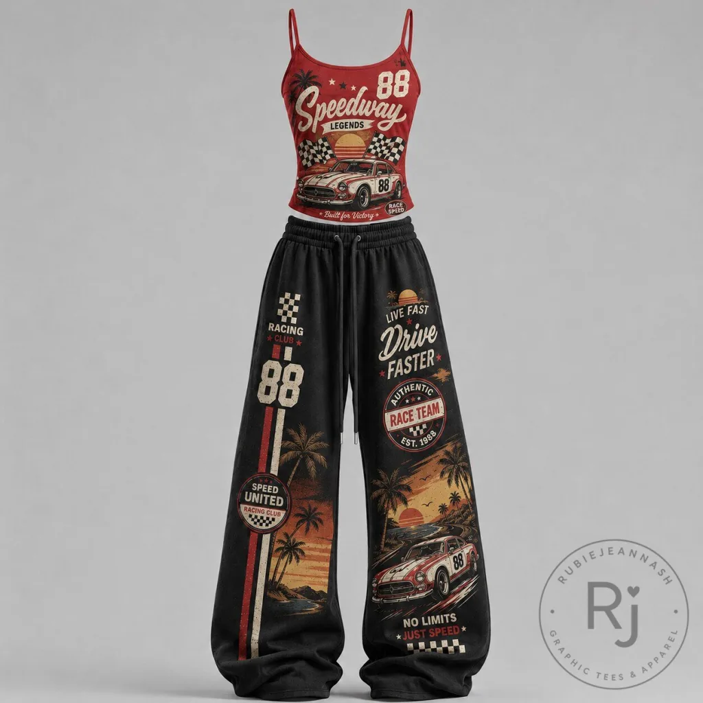 Speedway Legends Racing Club Crop Top and Wide Leg Pants Set Speedway Legends Racing Club Crop Top and Wide Leg Pants Set