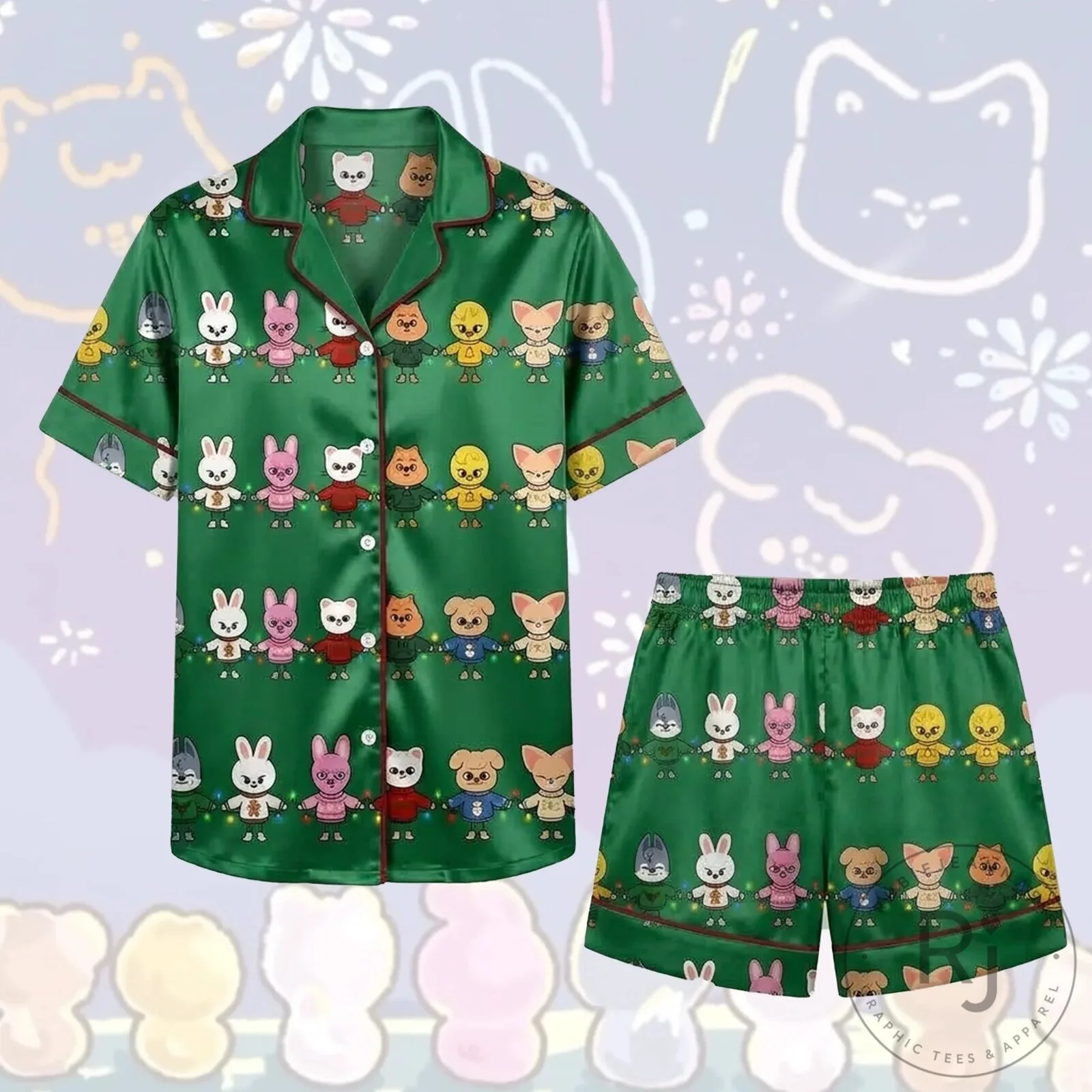 Stray Kids Skzoo Christmas Holiday Green Pajamas Set 7 Stray Kids Skzoo Christmas Holiday Green Pajamas Set