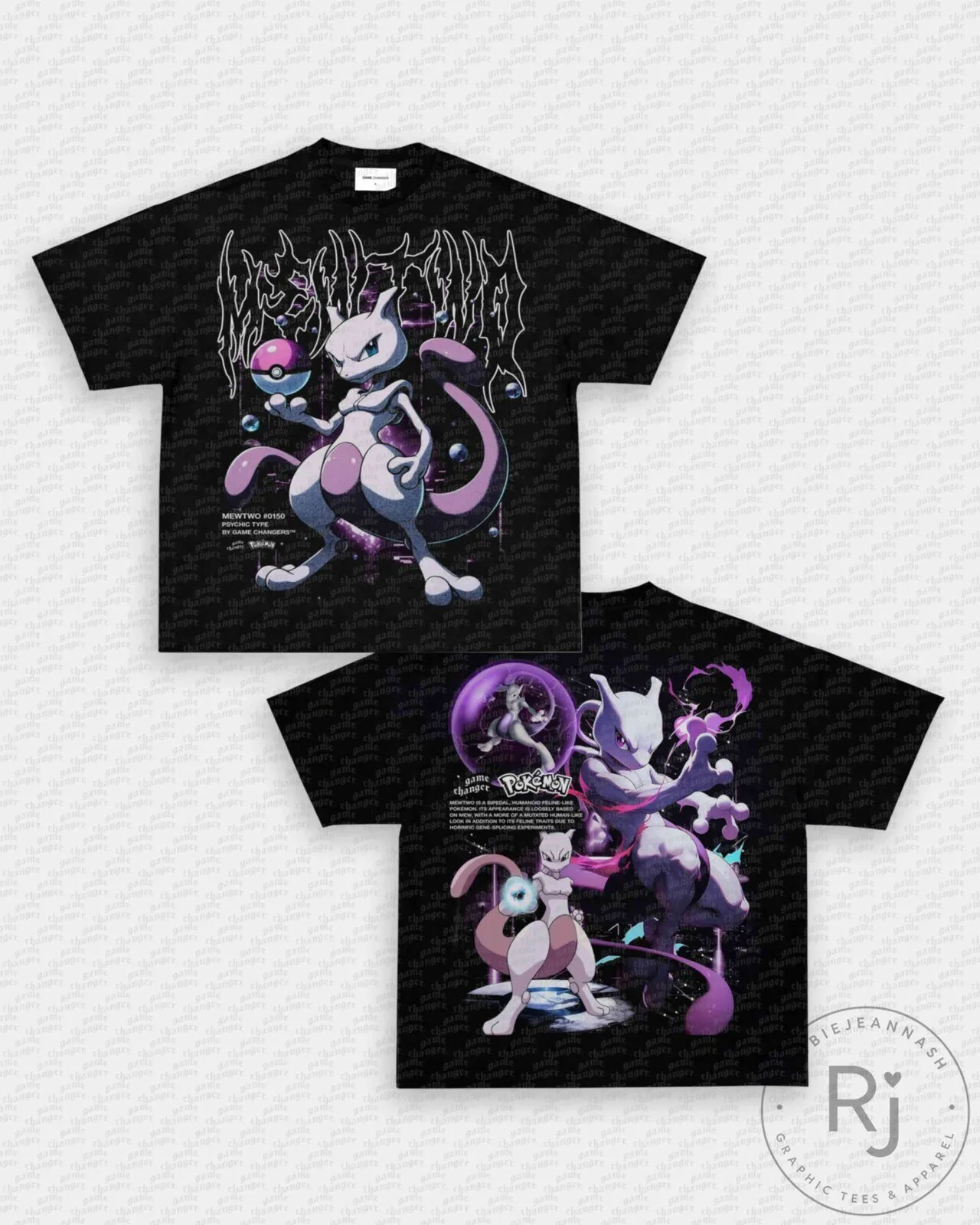 Mewtwo Psychic Type Pokemon Character Graphic Black T-Shirt