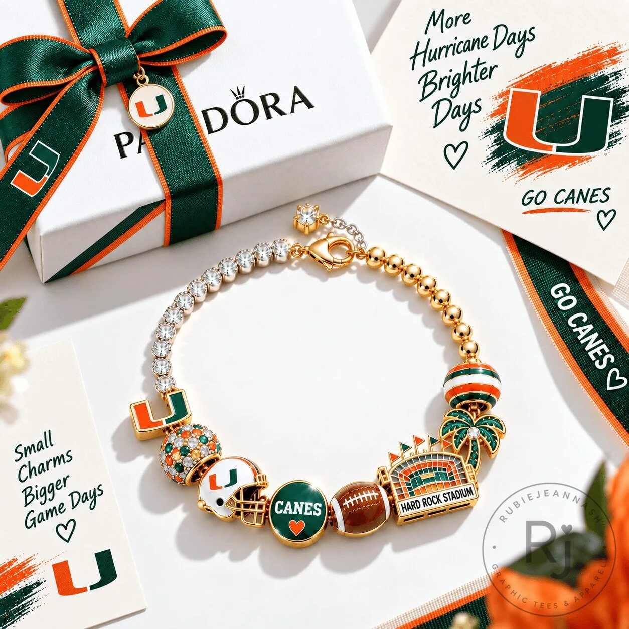 University of Miami Hurricanes Football Charm Bracelet with Hard Rock Stadium