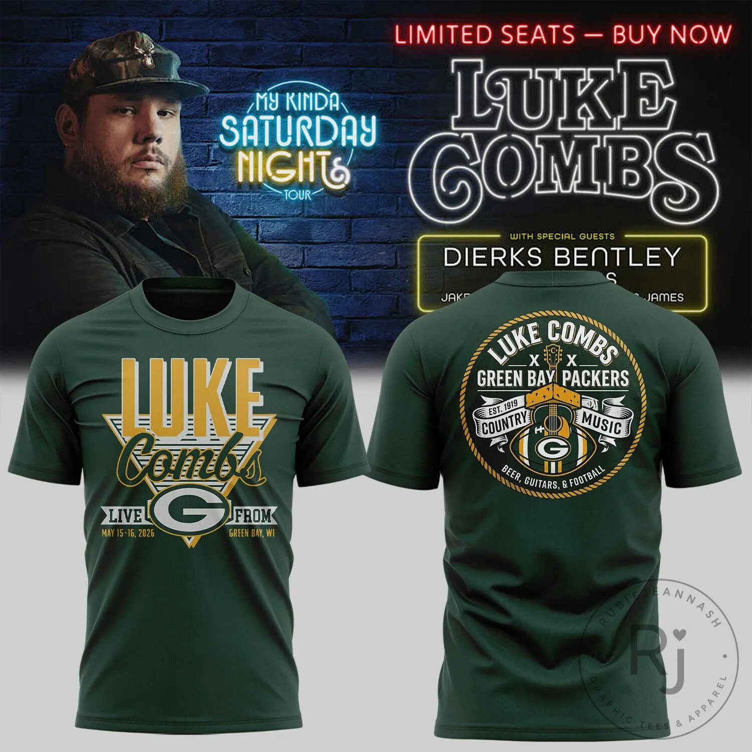 Lambeau Field Luke Combs My Kinda Saturday Night Tour Green Bay Packers T-Shirt