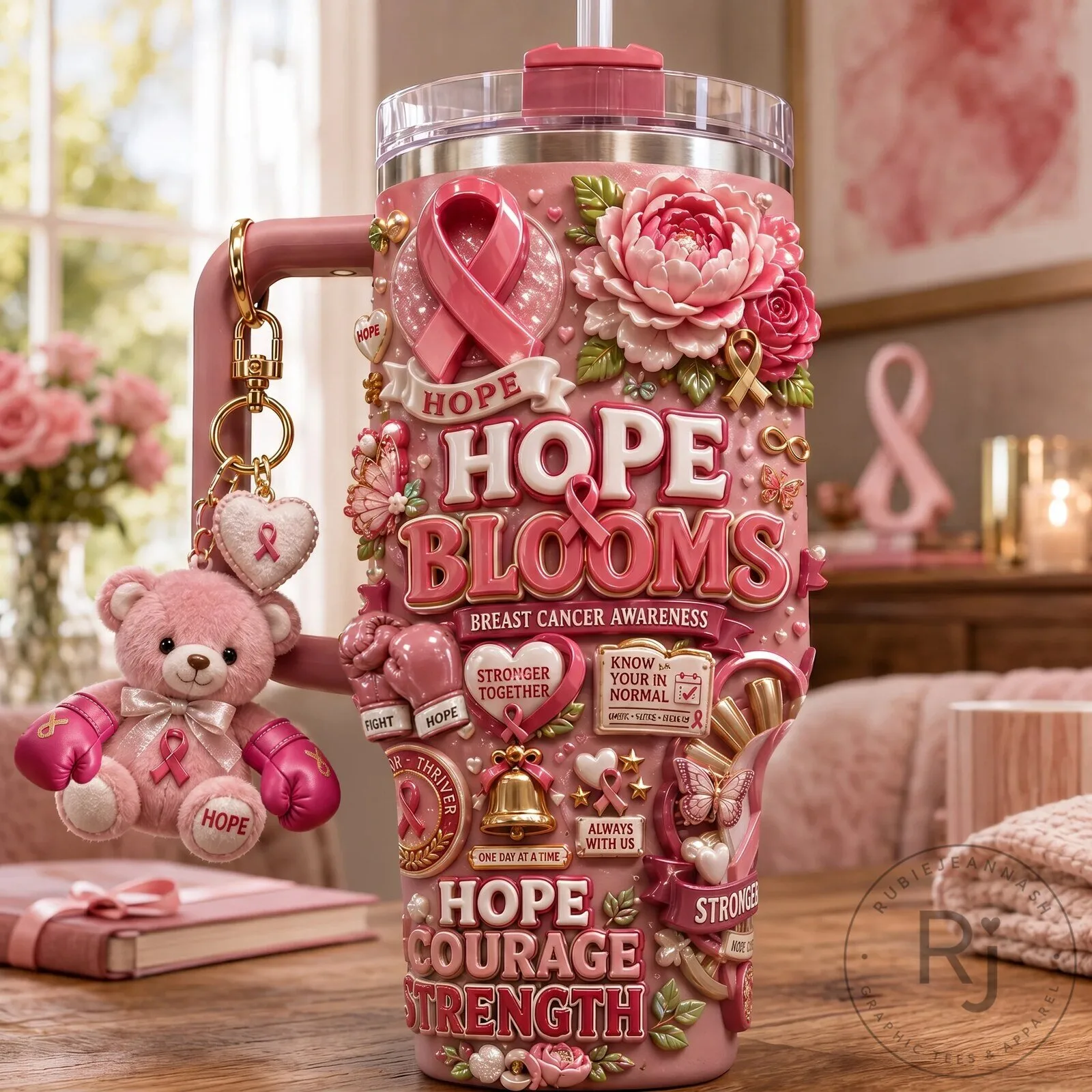 Hope Blooms Breast Cancer Awareness Pink Floral 40oz Tumbler with Handle