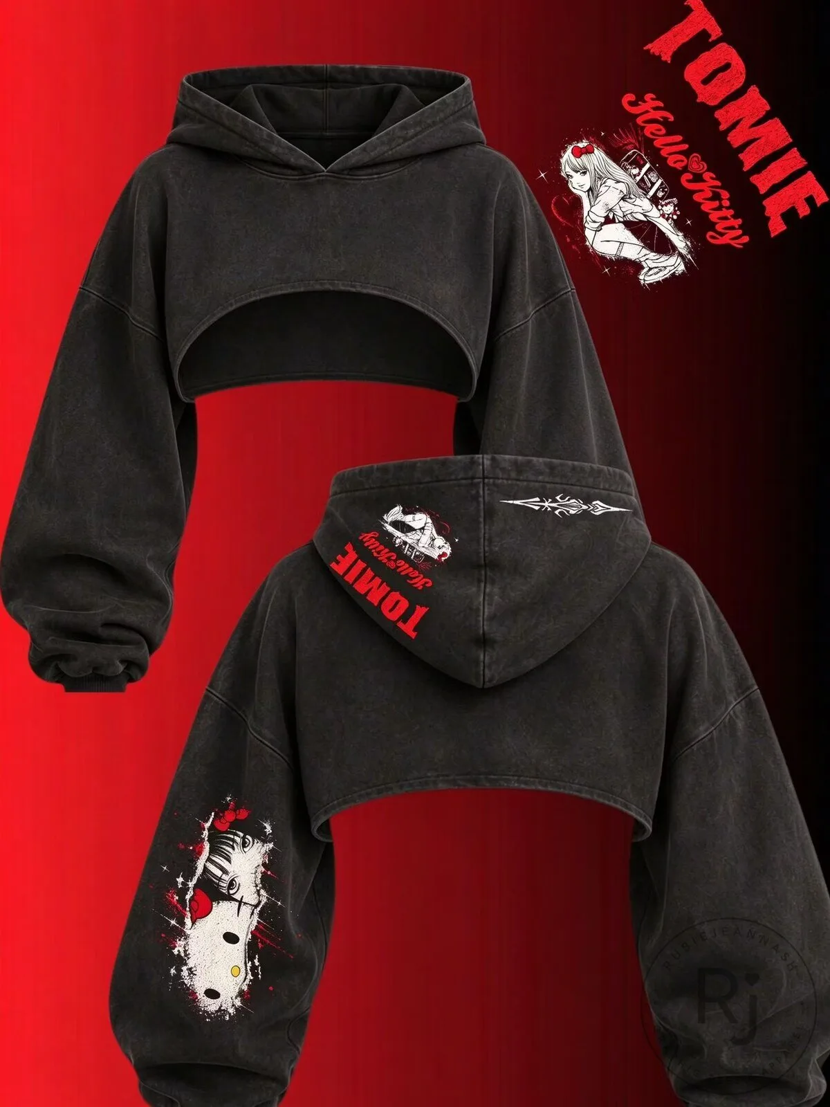 Tomie Junji Ito Hello Kitty Crossover Cropped Hoodie 1 Tomie Junji Ito Hello Kitty Crossover Cropped Hoodie