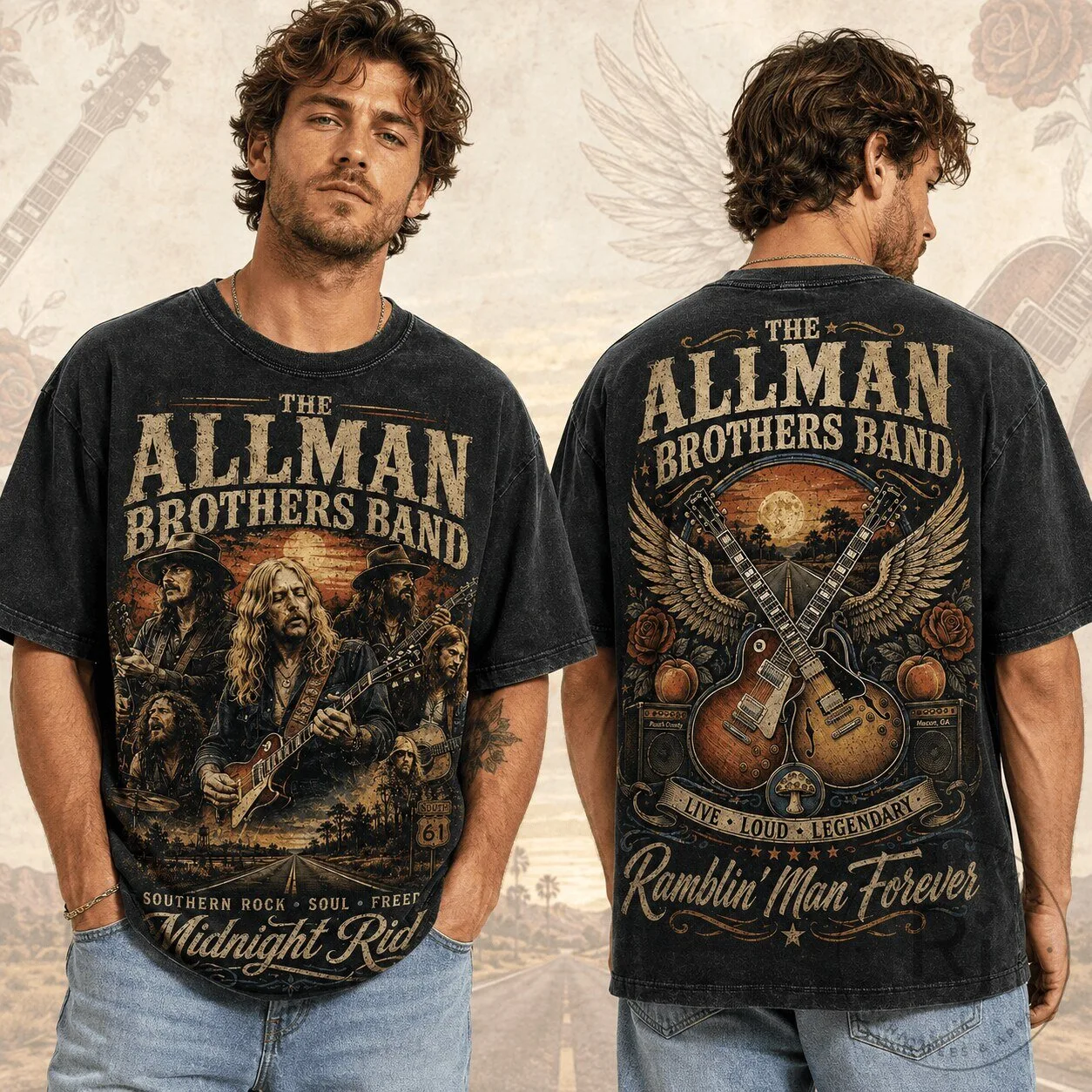 The Allman Brothers Band Midnight Rider Southern Rock Soul Free T-Shirt