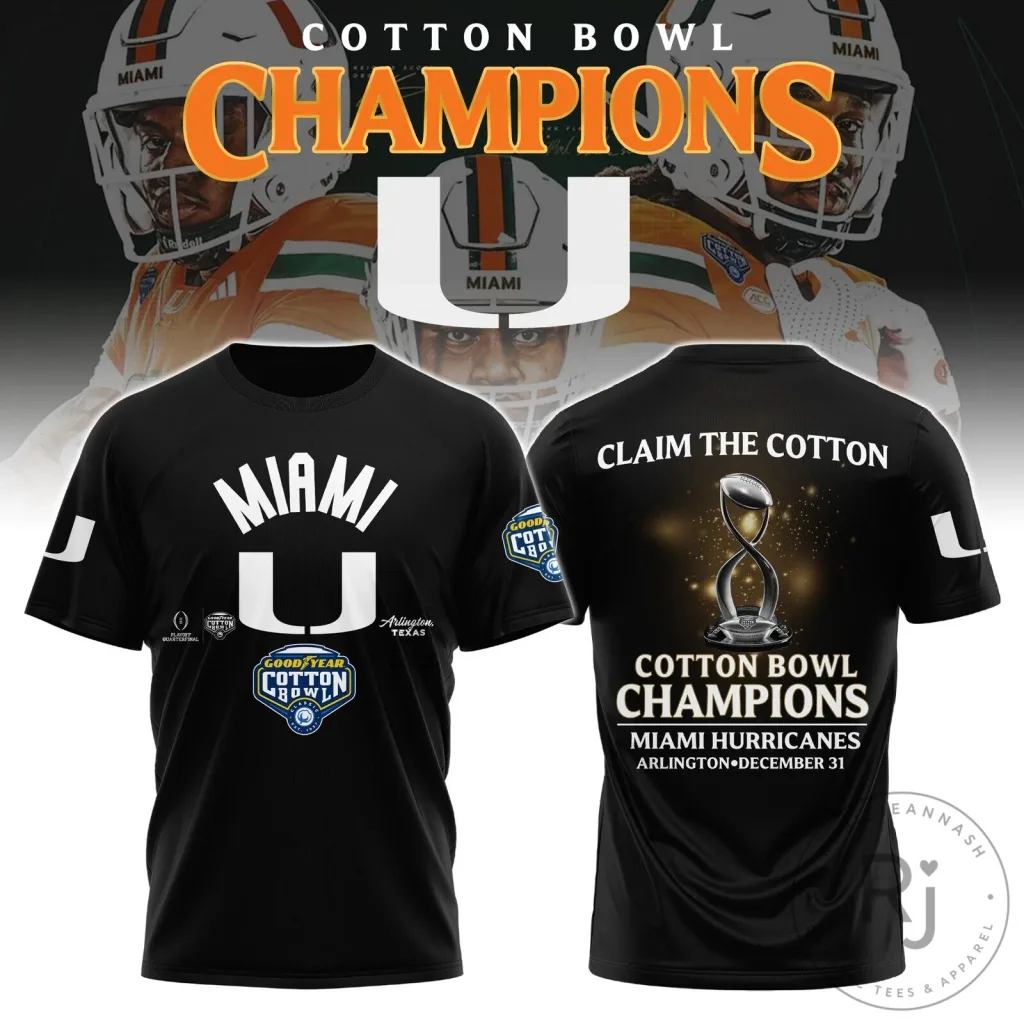 Commemorative T-Shirt for 2025 Cotton Bowl Champions - Miami Hurricanes Football Commemorative T-Shirt for 2025 Cotton Bowl Champions - Miami Hurricanes Football