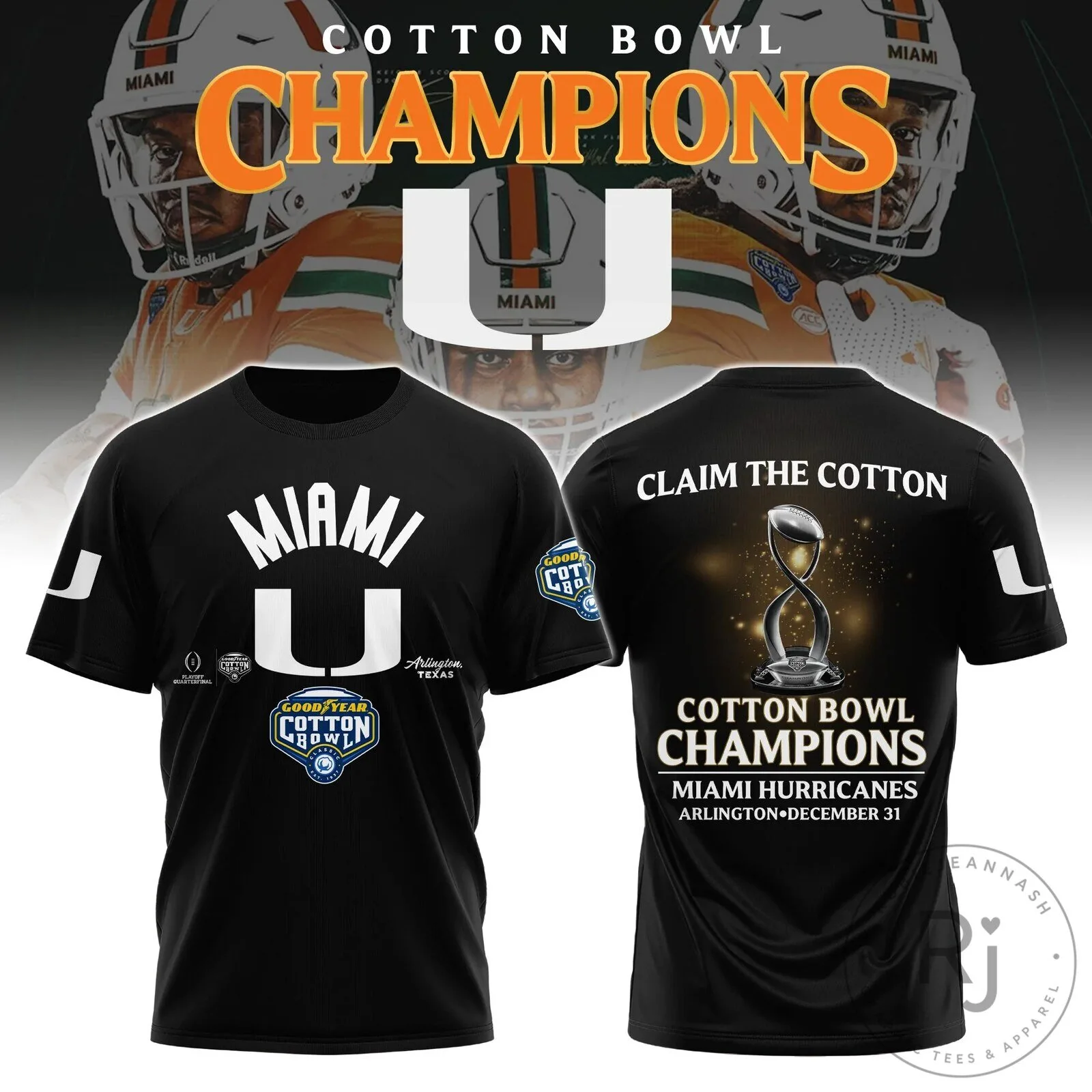 Commemorative T-Shirt for 2025 Cotton Bowl Champions - Miami Hurricanes Football