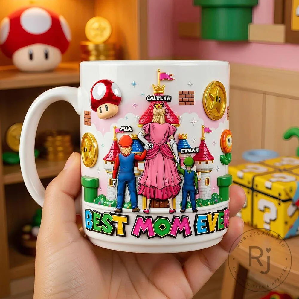 Super Mario Brothers Best Mom Ever Personalized Princess Peach and Kids Mug
