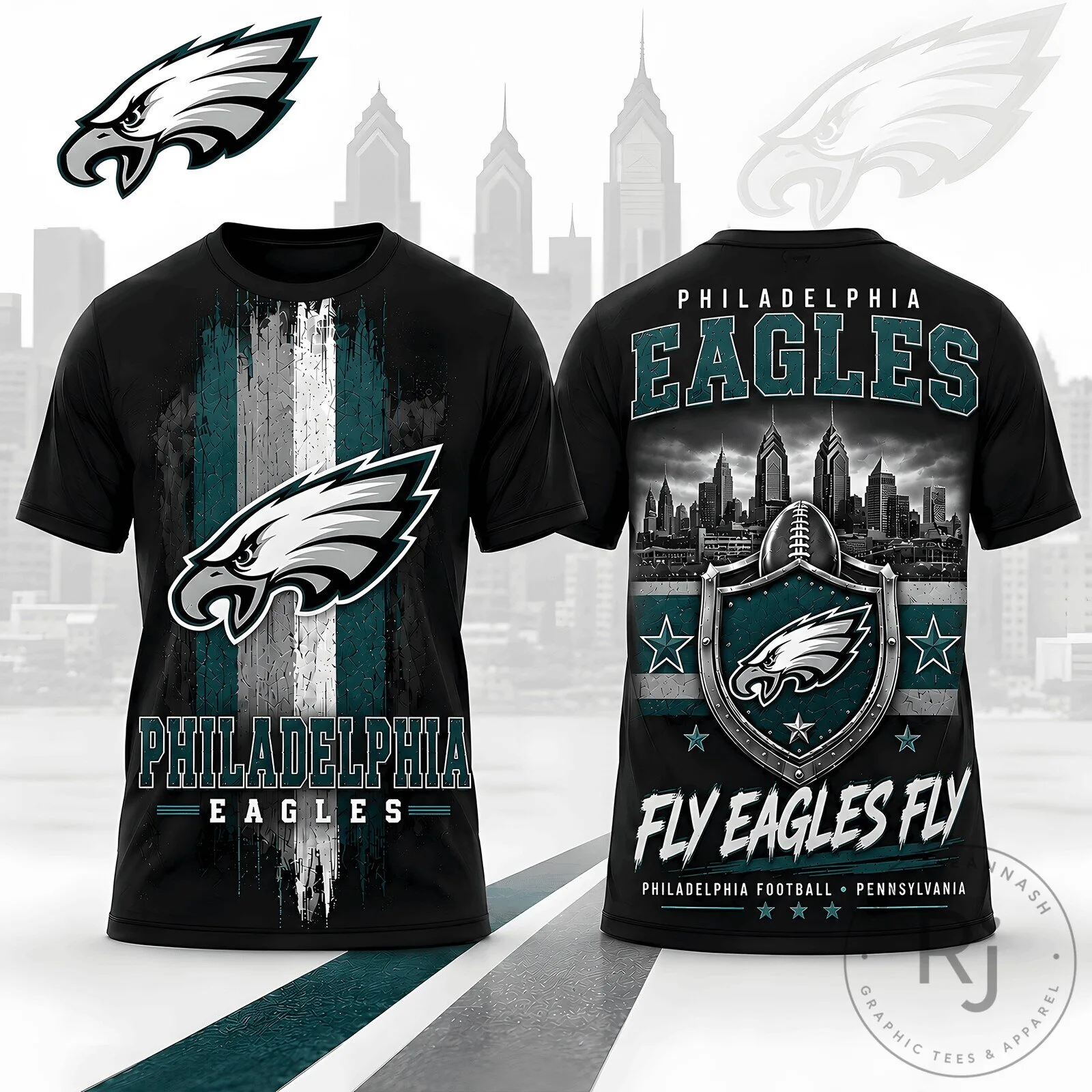 Philadelphia Eagles Football Team Fan Gear Black Graphic T-Shirt
