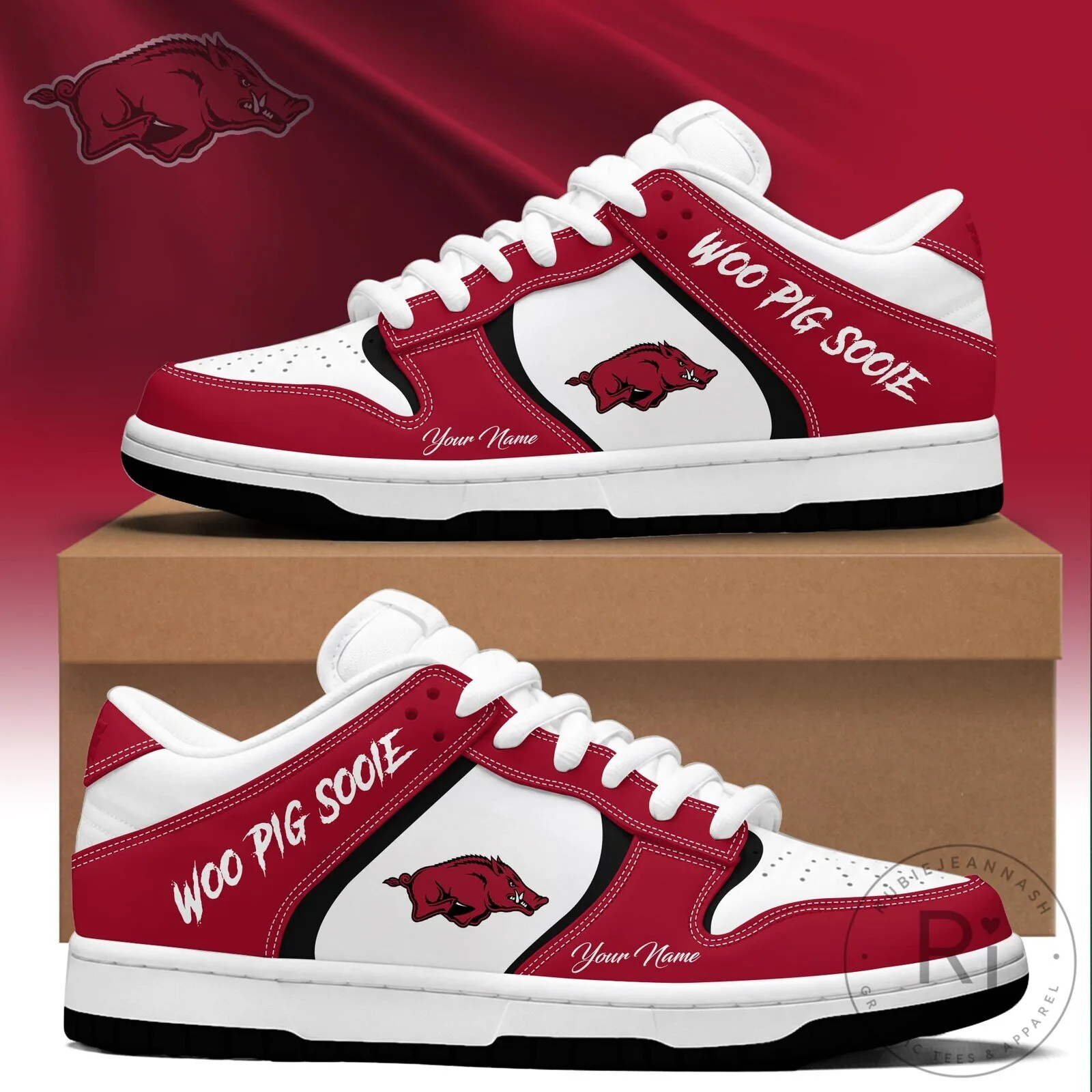 Arkansas Razorbacks Woo Pig Sooie Custom Name Red and White Sneakers 2 Arkansas Razorbacks Woo Pig Sooie Custom Name Red and White Sneakers