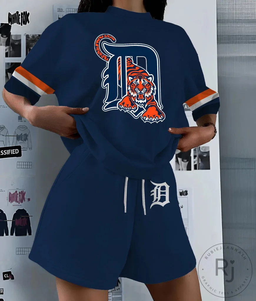 Detroit Tigers Shirt and Shorts Set for Women, Navy Blue Casual Outfit