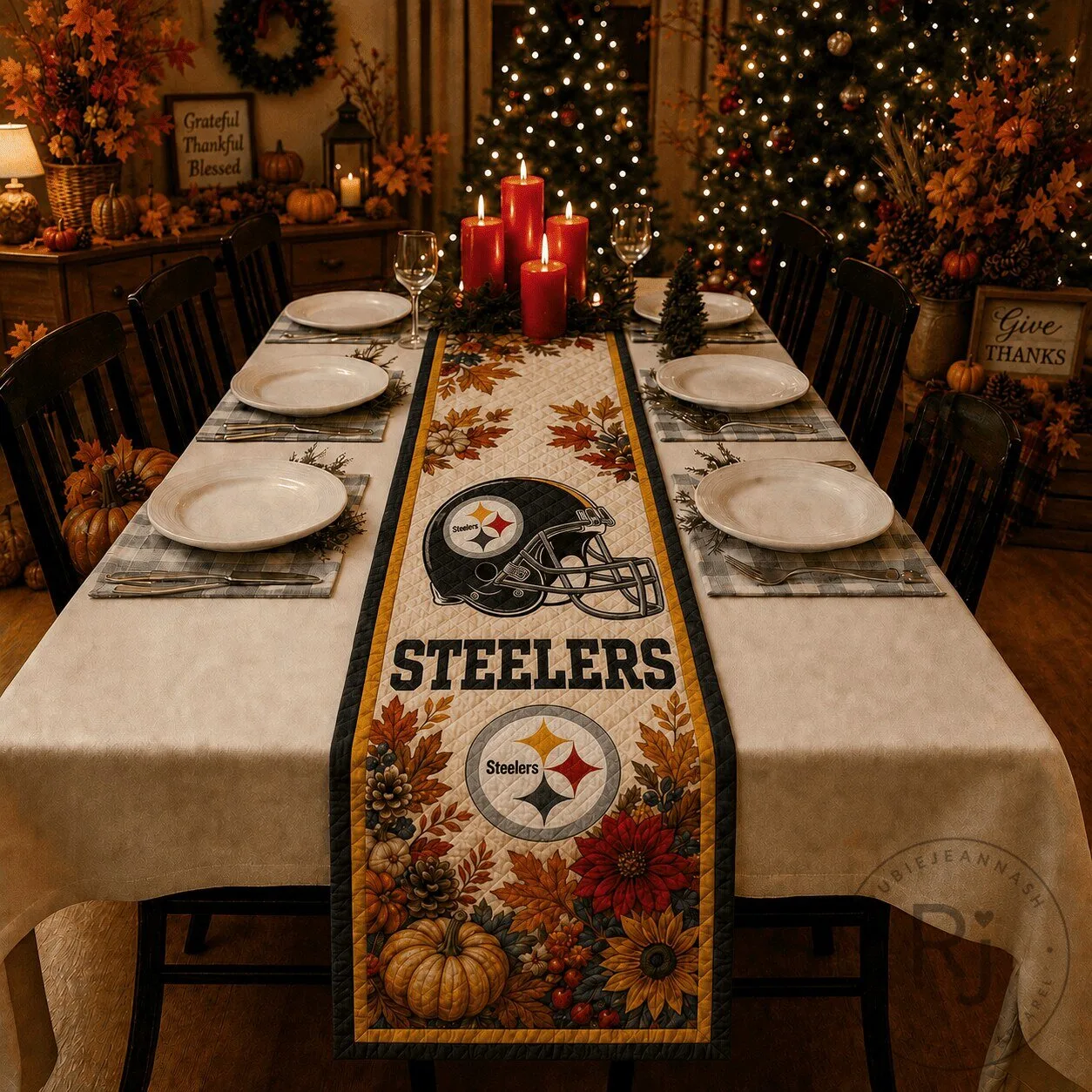 Pittsburgh Steelers Thanksgiving Football Autumn Leaves Table Runner