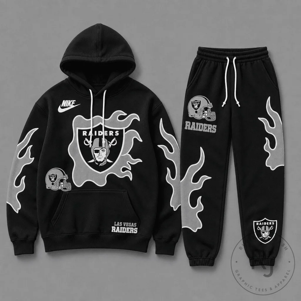 Las Vegas Raiders Flame Strike Black Hoodie and Jogger Set Las Vegas Raiders Flame Strike Black Hoodie and Jogger Set