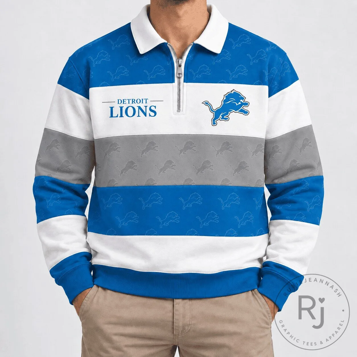Detroit Lions National Football League Striped Quarter-Zip Polo Shirt 2 Detroit Lions National Football League Striped Quarter-Zip Polo Shirt