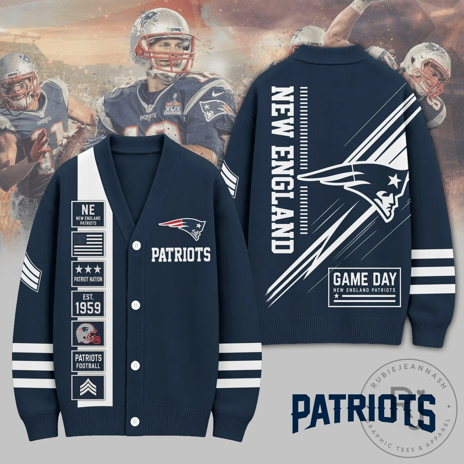 New England Patriots NFL Football Team Navy Blue Heritage Varsity Knit Cardigan