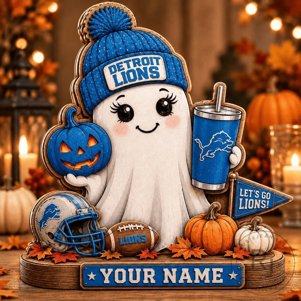 Detroit Lions Fan Halloween Ghost Wooden Block Personalized Gift Detroit Lions Fan Halloween Ghost Wooden Block Personalized Gift