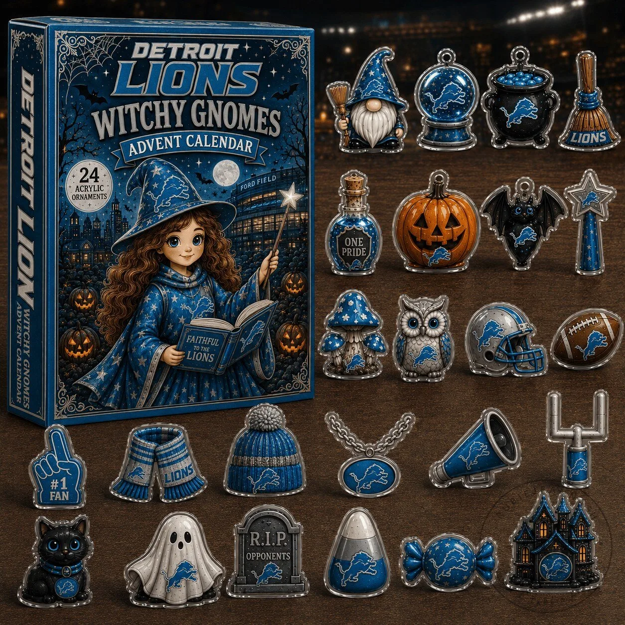 Detroit Lions Fan Witchy Gnomes Advent Calendar with 24 Acrylic Ornaments 2 Detroit Lions Fan Witchy Gnomes Advent Calendar with 24 Acrylic Ornaments