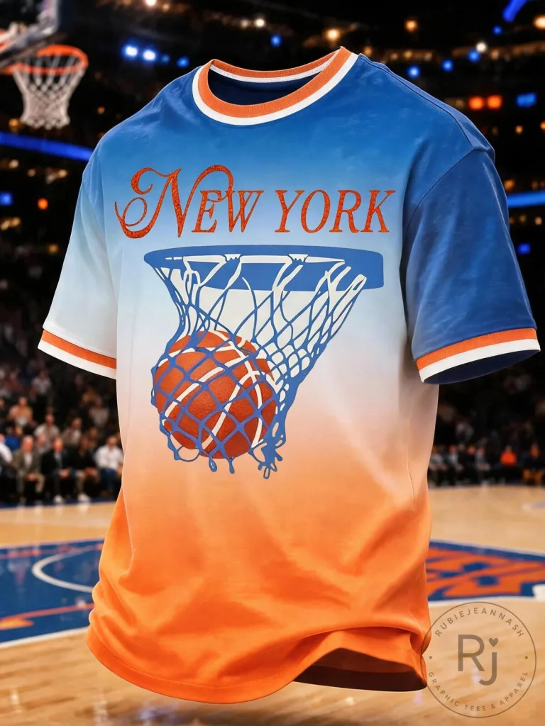 New York Basketball Fan Shirt for Men, Gradient Orange and Blue T-Shirt