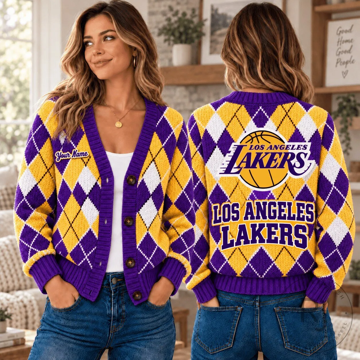 Los Angeles Lakers NBA Argyle Pattern Custom Name Cardigan Jacket