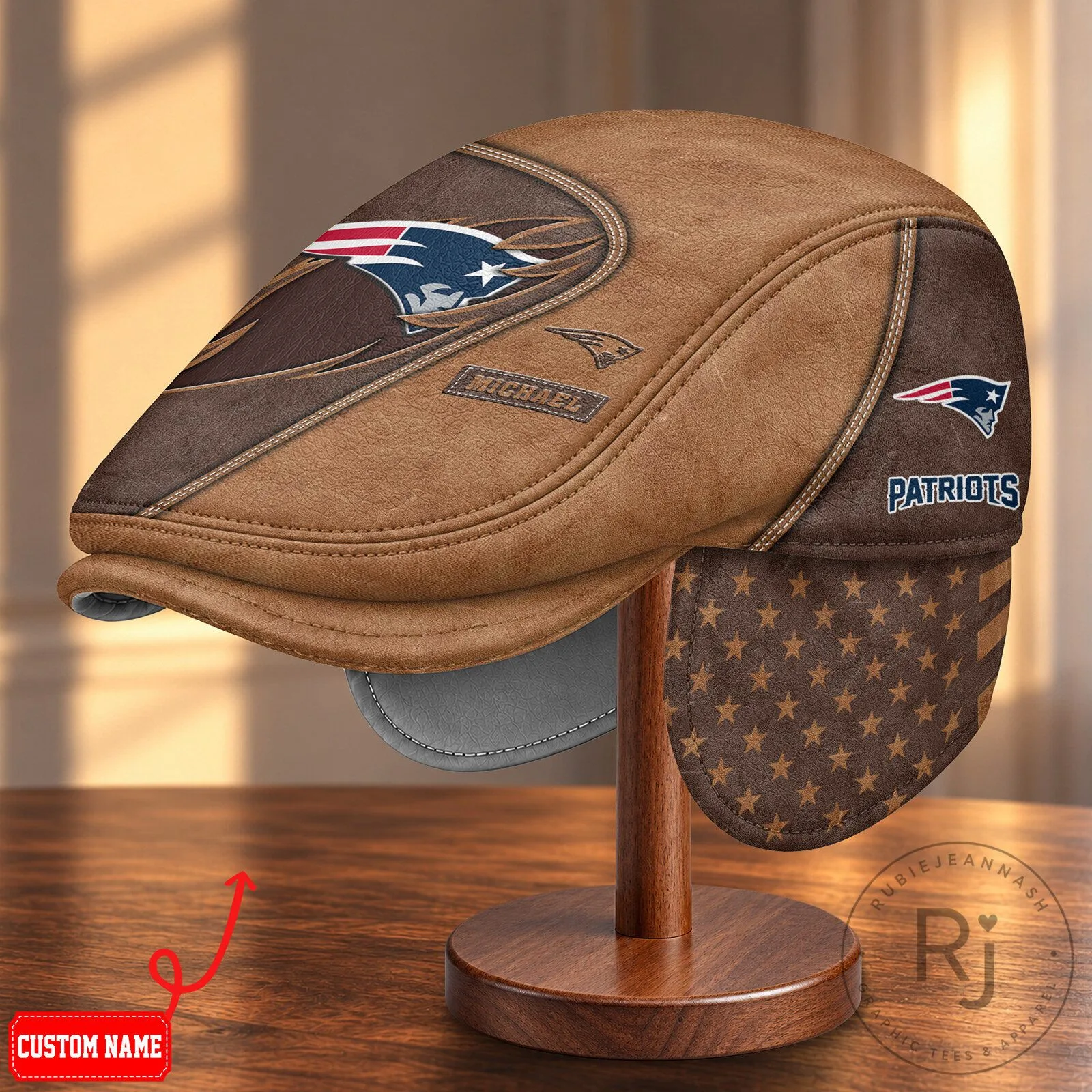 New England Patriots NFL Leather Flat Cap with Foldable Ear Flaps