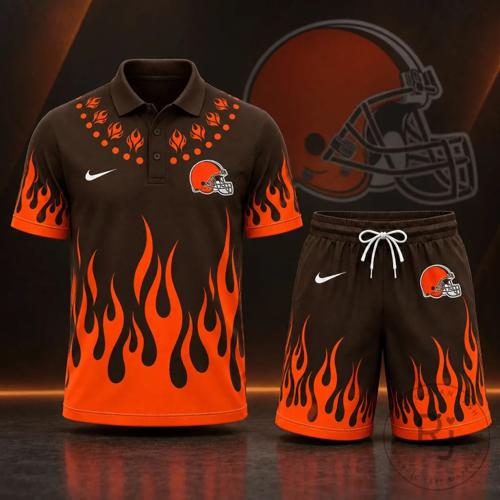 Cleveland Browns Shorts Set with Flame Graphic Polo Shirt Cleveland Browns Shorts Set with Flame Graphic Polo Shirt