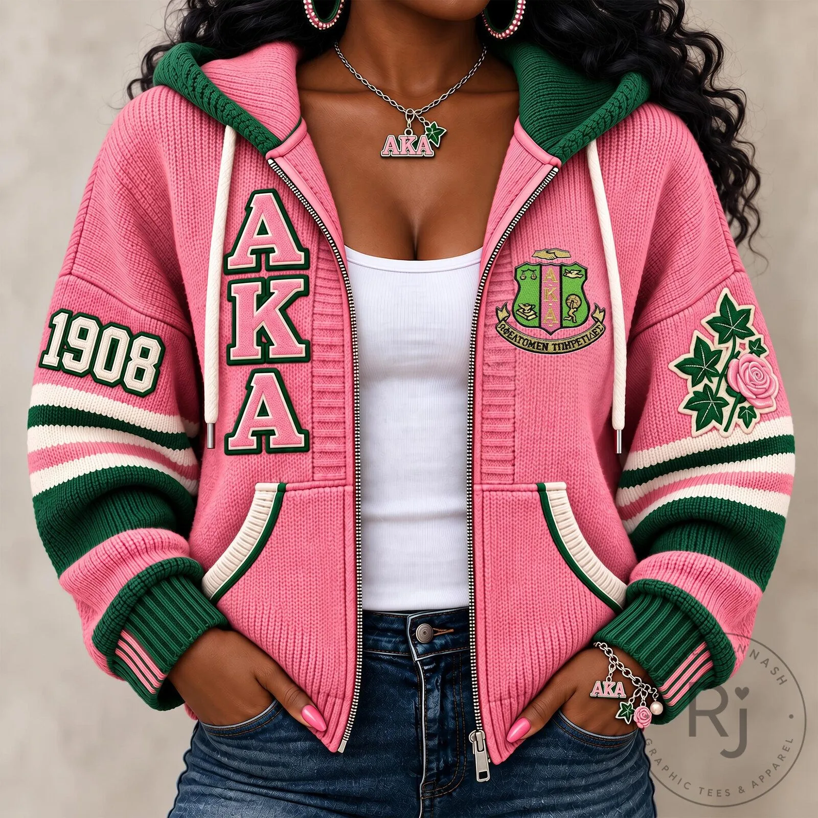 Alpha Kappa Alpha Sorority Incorporated Pink and Green Knitted Hoodie 3 Alpha Kappa Alpha Sorority Incorporated Pink and Green Knitted Hoodie