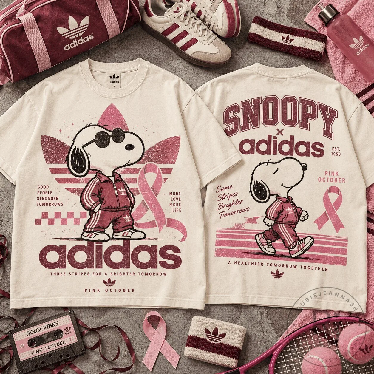 Snoopy Adidas Pink October Breast Cancer Awareness Graphic T-Shirt