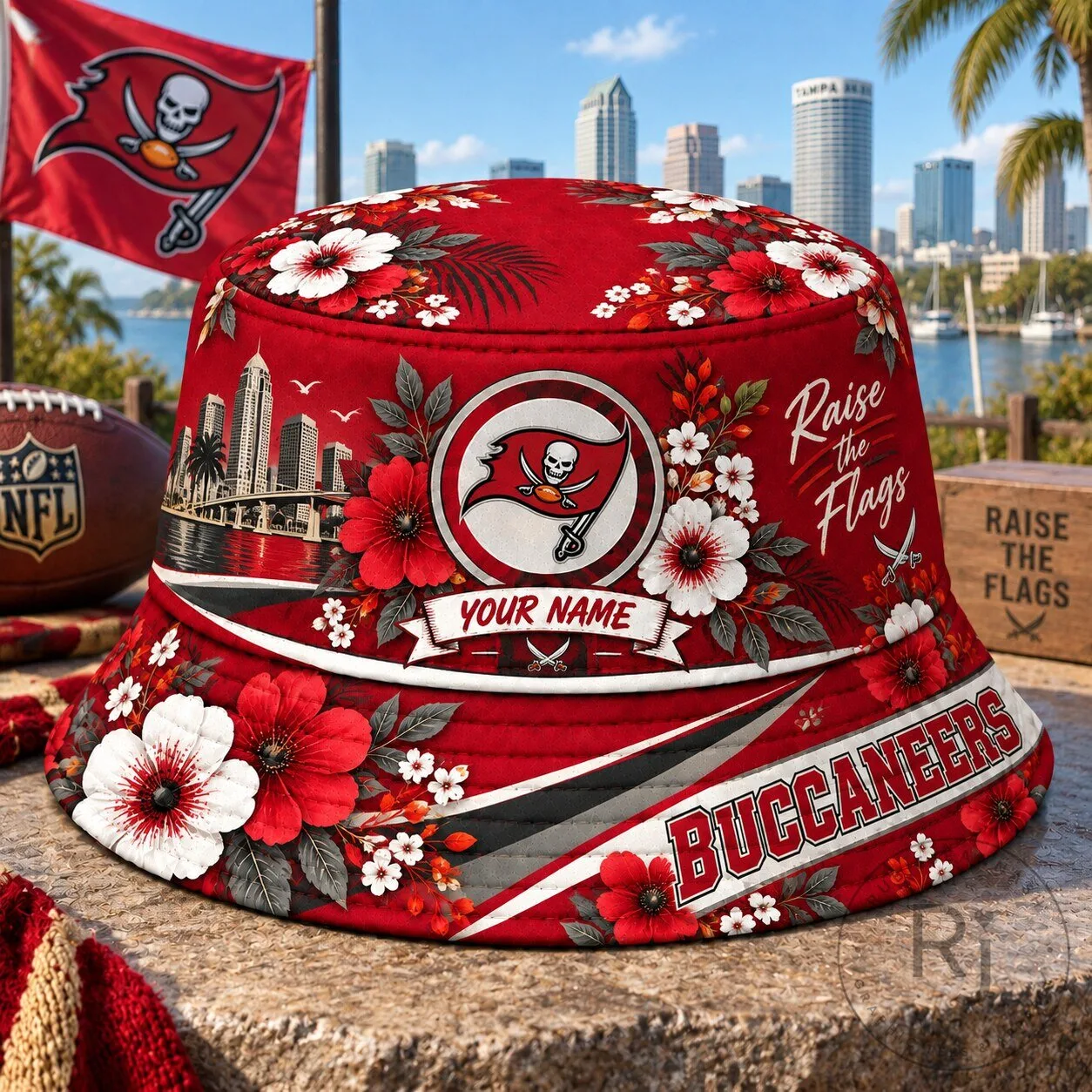 Tampa Bay Buccaneers Personalized Tropical Floral Pattern Bucket Hat