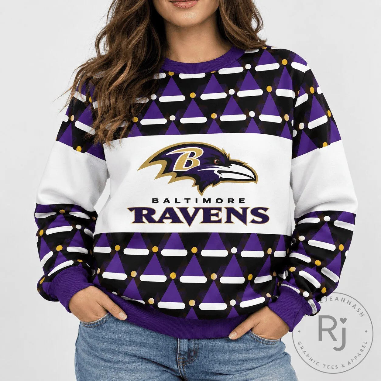 Baltimore Ravens Football Team Logo Geometric Pattern Crewneck Sweatshirt 2 Baltimore Ravens Football Team Logo Geometric Pattern Crewneck Sweatshirt