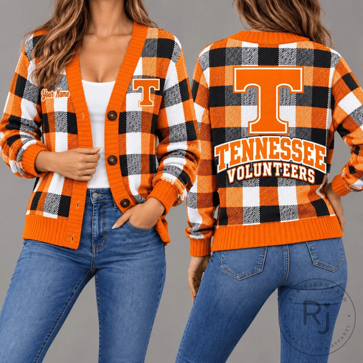 Tennessee Volunteers Plaid Pattern Personalized Cardigan Sweater