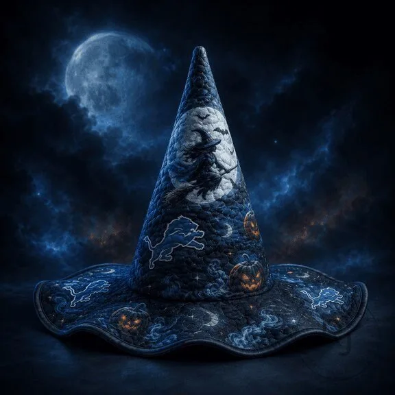 Detroit Lions Halloween Witch Hat Quilted with Pumpkins and Bats