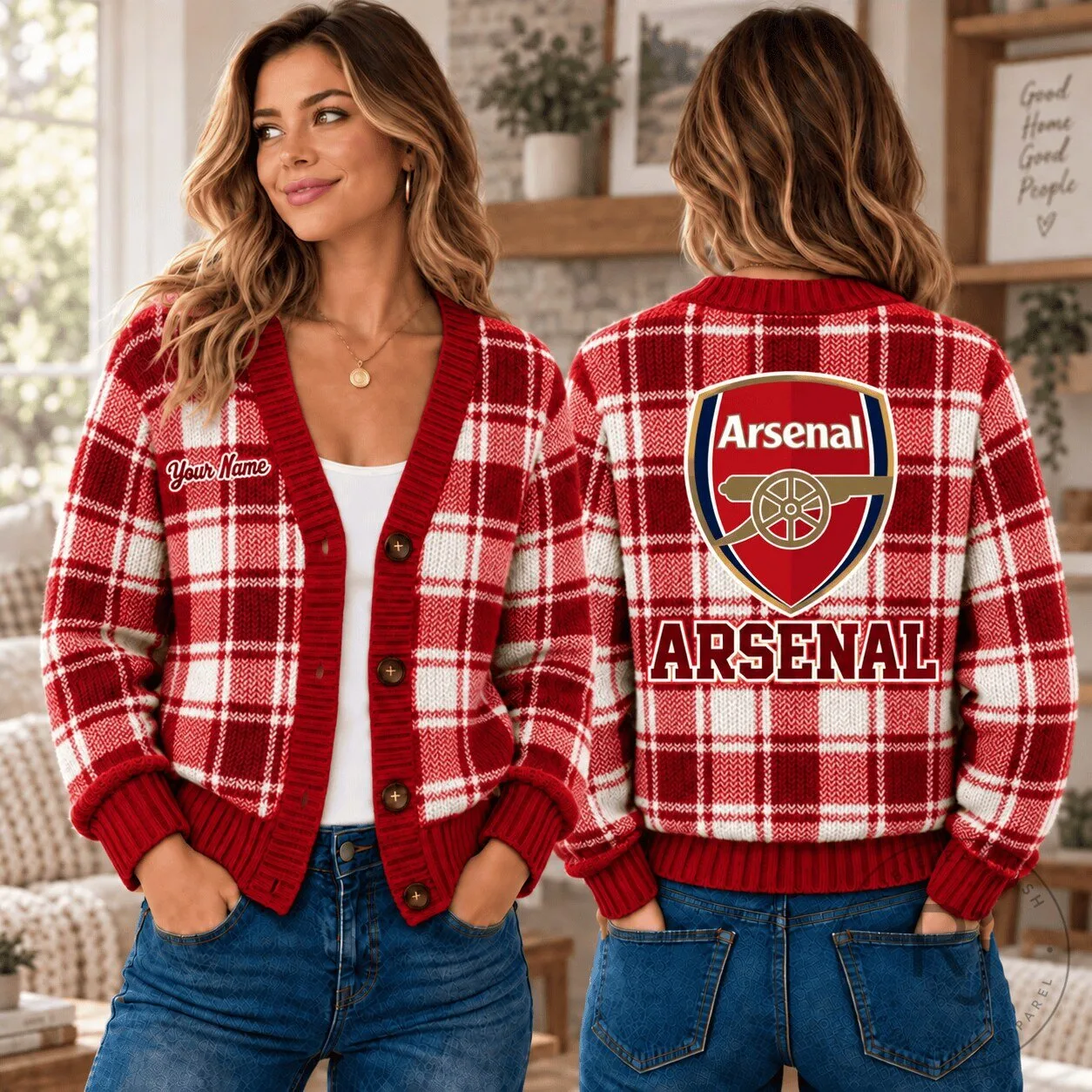 Arsenal Football Club Plaid Pattern Red and White Cardigan Sweater 2 Arsenal Football Club Plaid Pattern Red and White Cardigan Sweater