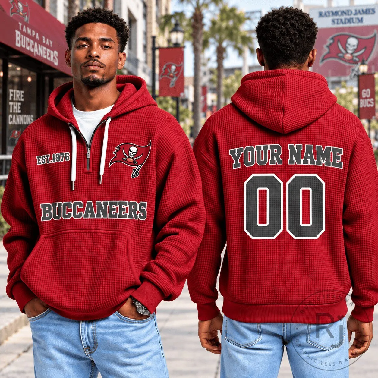 Tampa Bay Buccaneers Quarter Zip Waffle Knit Hoodie with Custom Name and Number