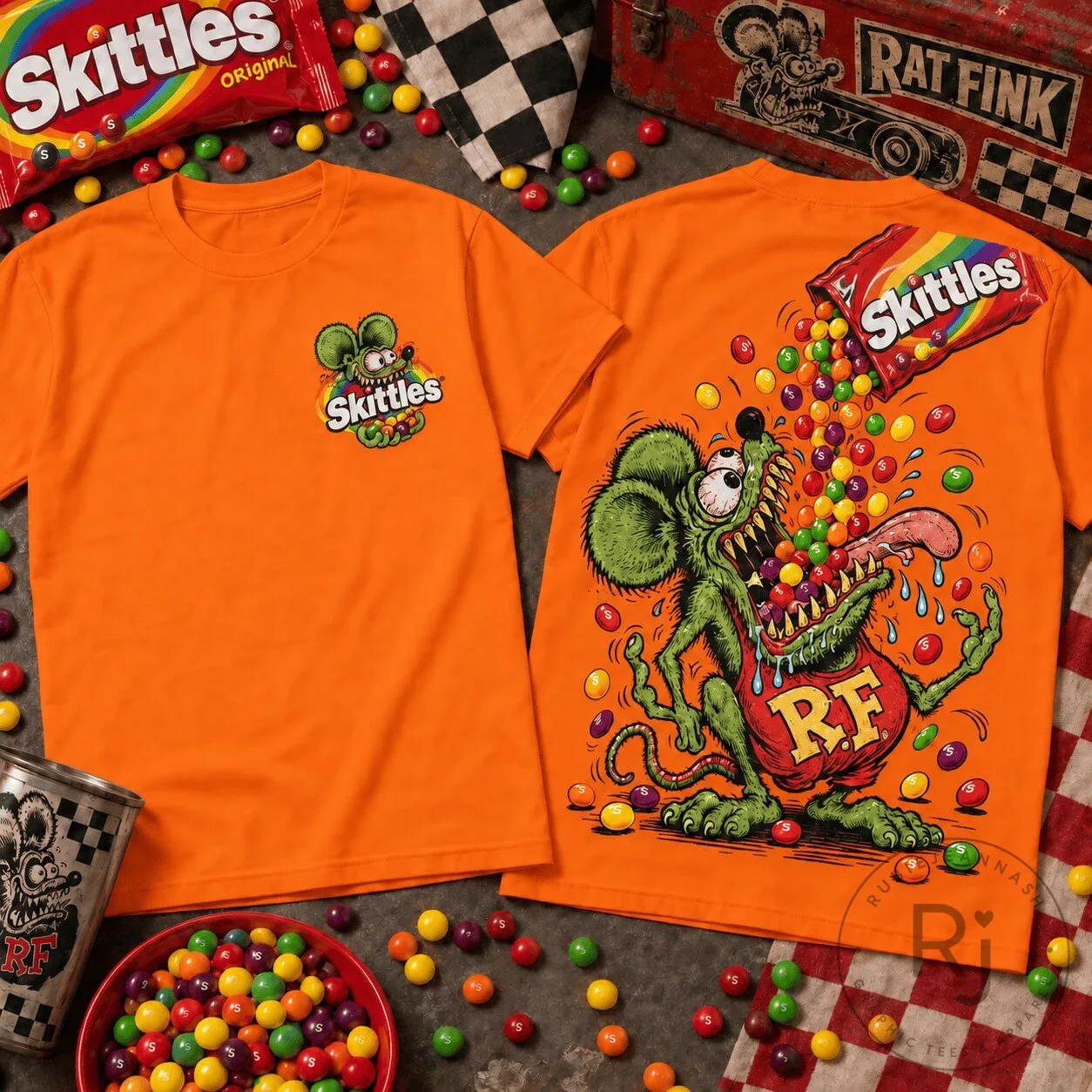 Skittles Rat Fink Collaboration Candy Monster Orange T-Shirt 3 Skittles Rat Fink Collaboration Candy Monster Orange T-Shirt
