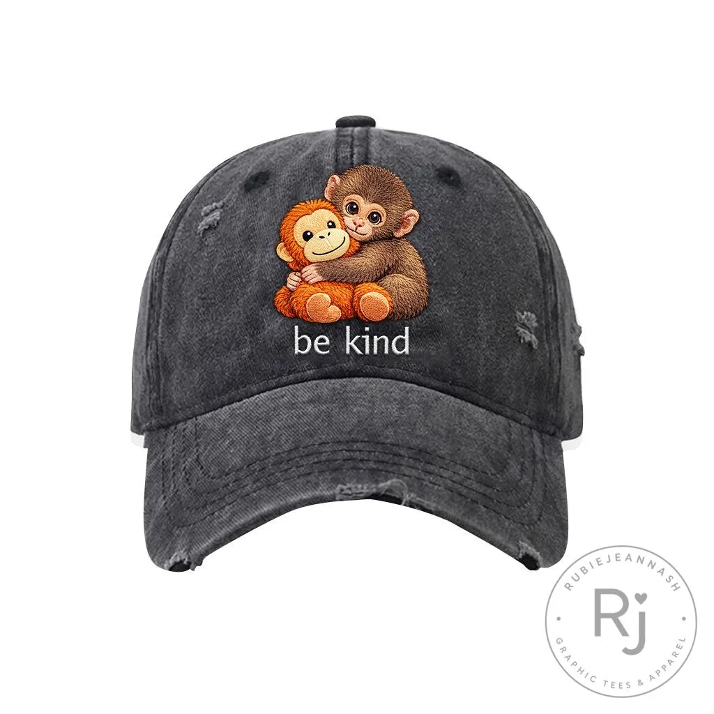 Cute Monkey Hugging Stuffed Animal Be Kind Distressed Baseball Cap Hat 11 Cute Monkey Hugging Stuffed Animal Be Kind Distressed Baseball Cap Hat