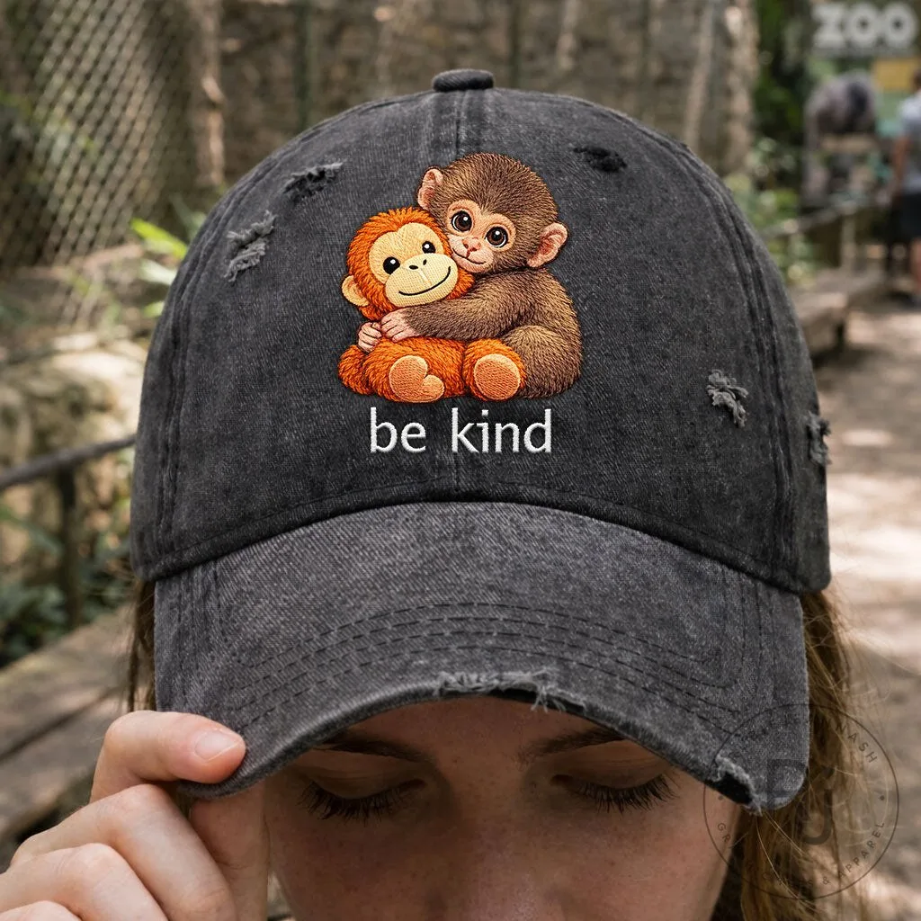 Cute Monkey Hugging Stuffed Animal Be Kind Distressed Baseball Cap Hat 15 Cute Monkey Hugging Stuffed Animal Be Kind Distressed Baseball Cap Hat