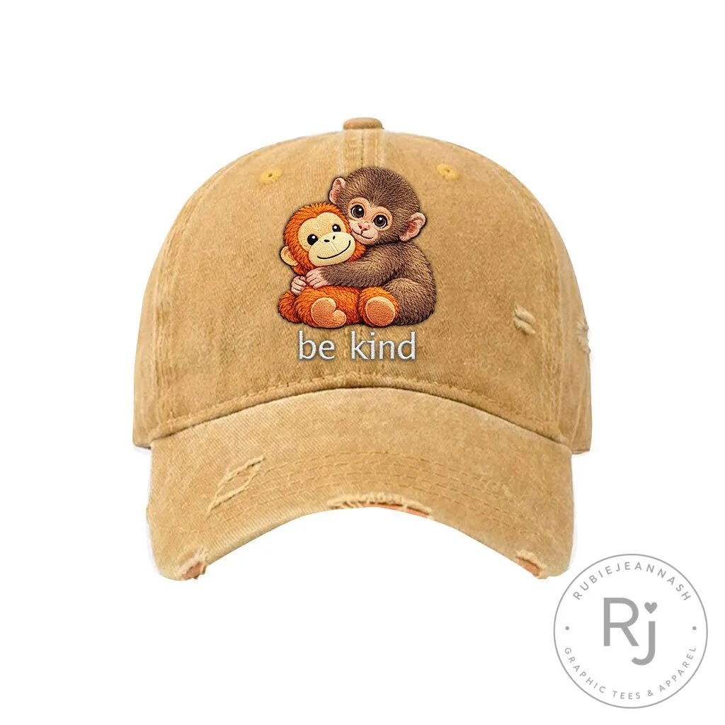 Cute Monkey Hugging Stuffed Animal Be Kind Distressed Baseball Cap Hat 16 Cute Monkey Hugging Stuffed Animal Be Kind Distressed Baseball Cap Hat