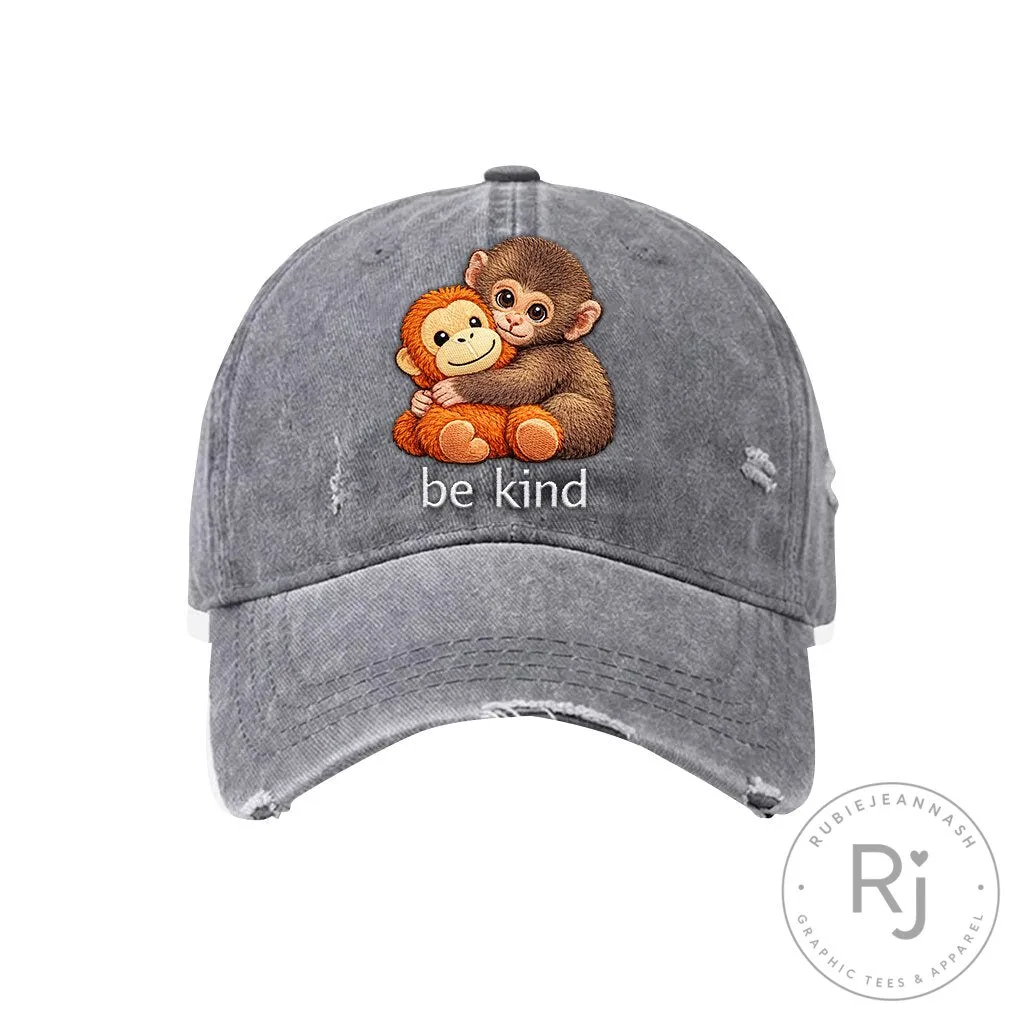 Cute Monkey Hugging Stuffed Animal Be Kind Distressed Baseball Cap Hat 17 Cute Monkey Hugging Stuffed Animal Be Kind Distressed Baseball Cap Hat