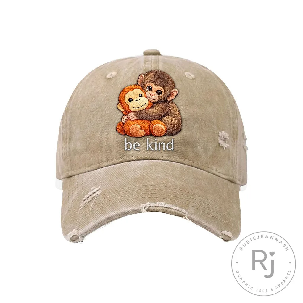 Cute Monkey Hugging Stuffed Animal Be Kind Distressed Baseball Cap Hat 19 Cute Monkey Hugging Stuffed Animal Be Kind Distressed Baseball Cap Hat