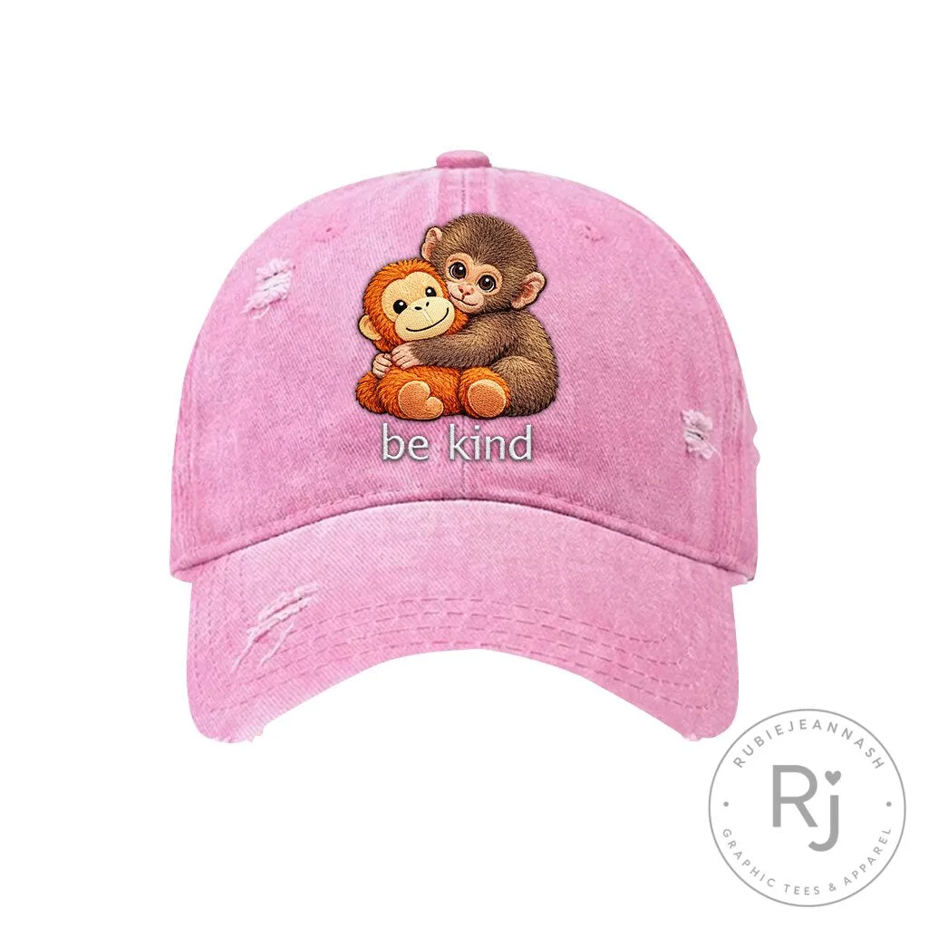 Cute Monkey Hugging Stuffed Animal Be Kind Distressed Baseball Cap Hat 21 Cute Monkey Hugging Stuffed Animal Be Kind Distressed Baseball Cap Hat