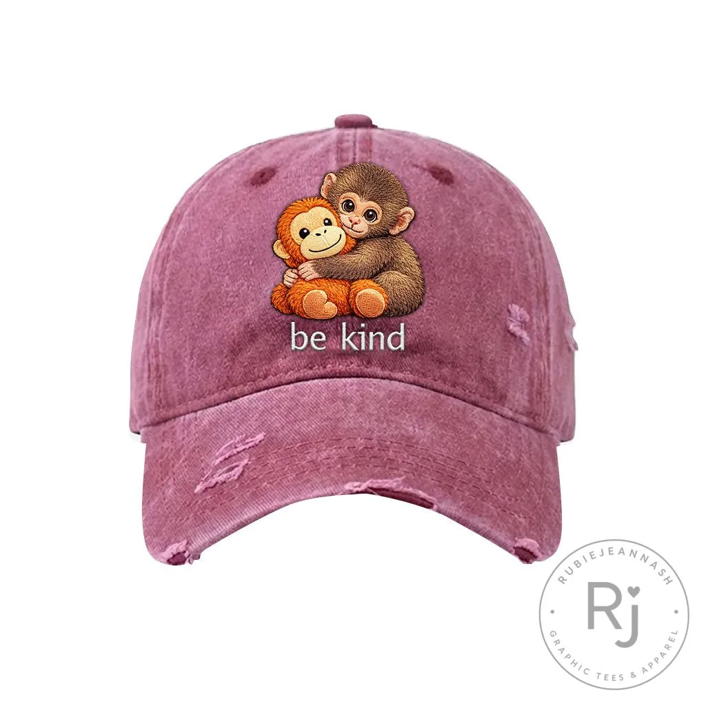 Cute Monkey Hugging Stuffed Animal Be Kind Distressed Baseball Cap Hat 23 Cute Monkey Hugging Stuffed Animal Be Kind Distressed Baseball Cap Hat