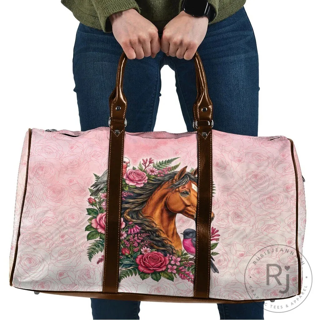 Elegant Horse Pink Rose Wreath Australian Birds Travel Bag