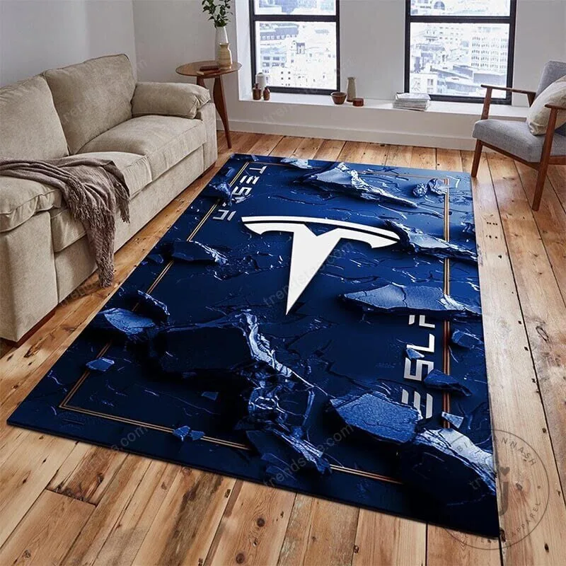 Tesla Motors Logo Blue Cracked Earth Area Rug