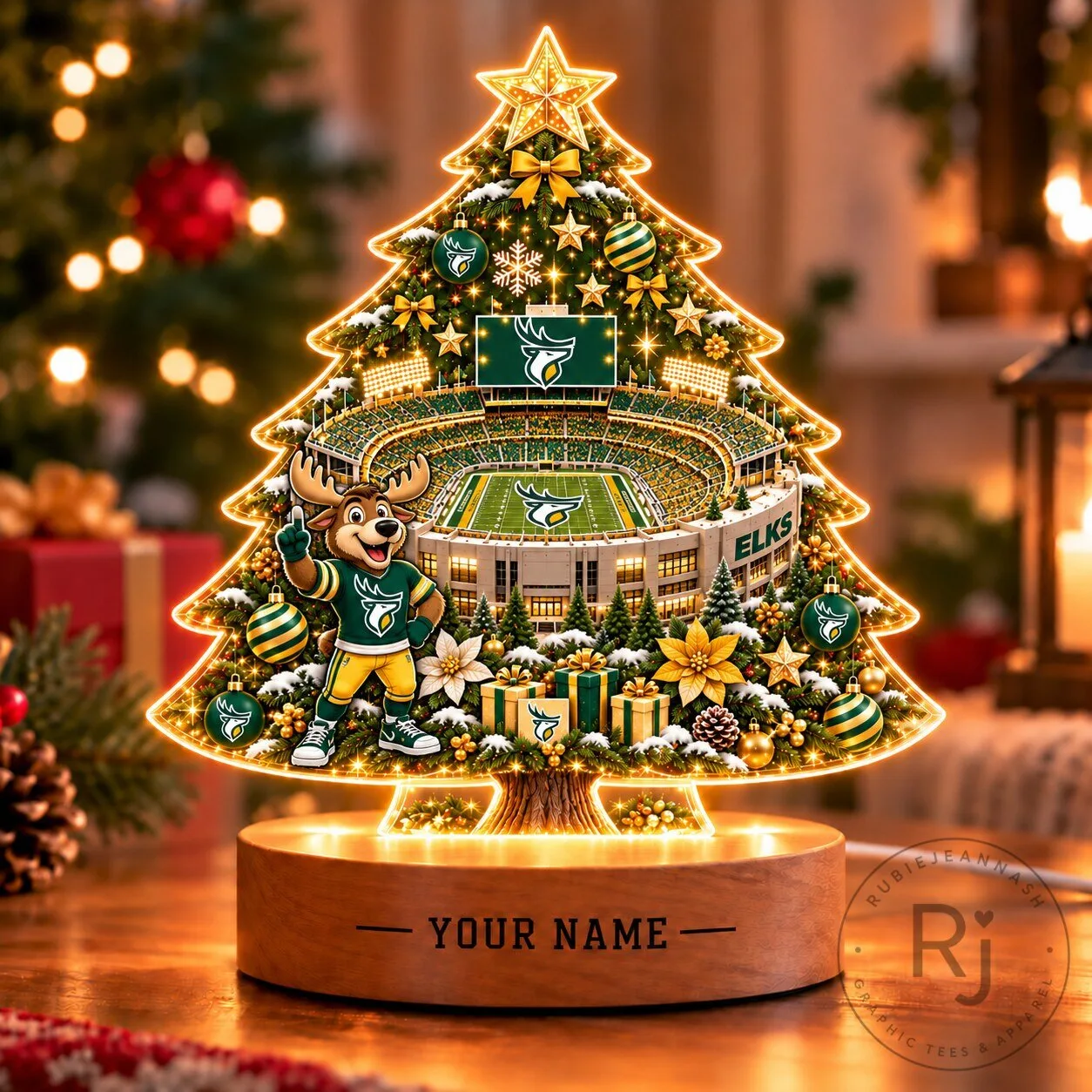 Edmonton Elks CFL Christmas Tree LED Light Custom Name Tabletop Decoration