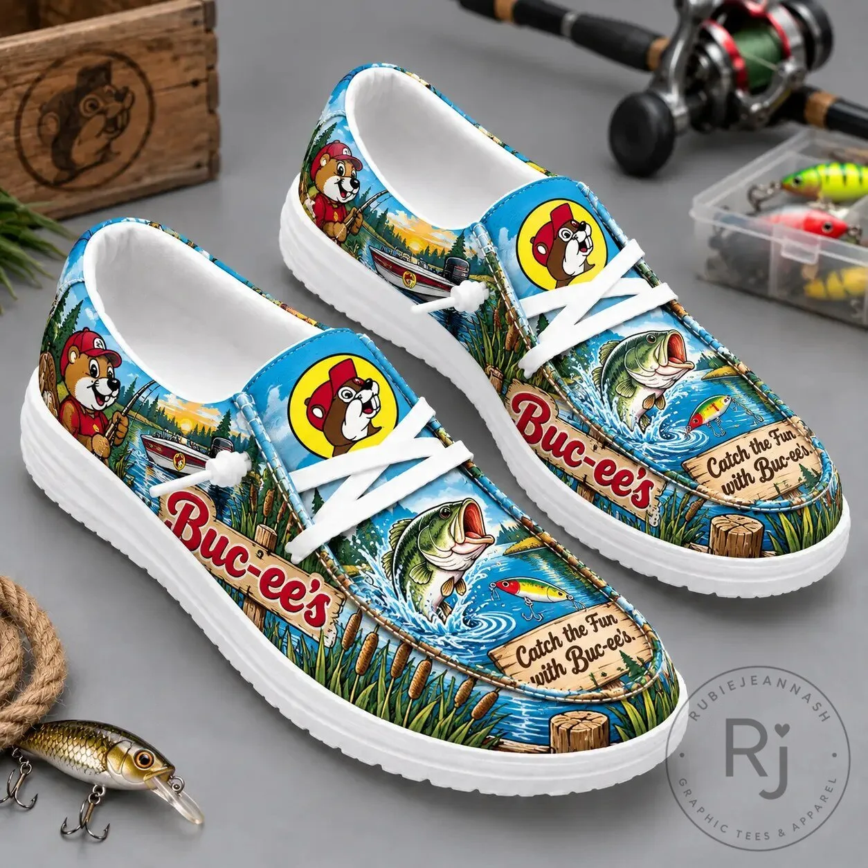 Buc-ee's Fishing Bass Lake Print Canvas Loafer Shoes for Men and Women 1 Buc-ee's Fishing Bass Lake Print Canvas Loafer Shoes for Men and Women
