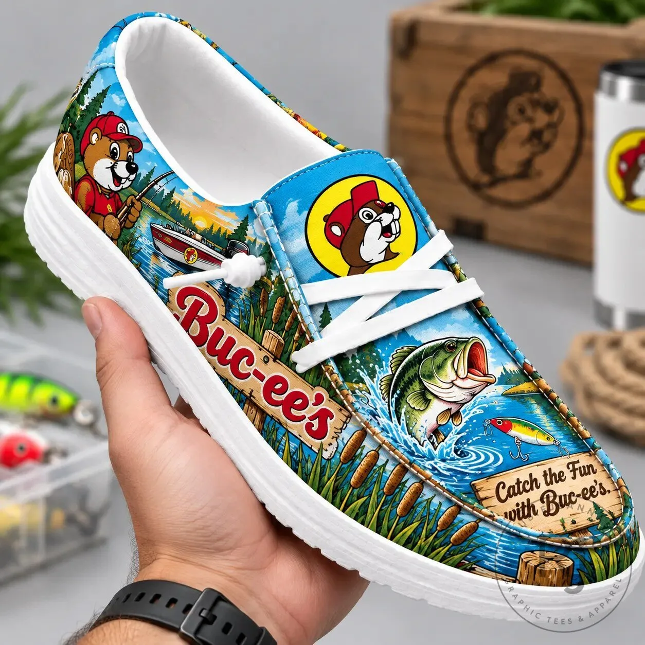 Buc-ee's Fishing Bass Lake Print Canvas Loafer Shoes for Men and Women 7 Buc-ee