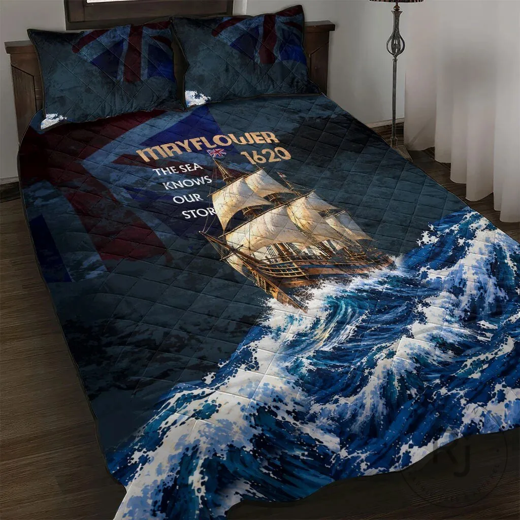 Mayflower 1620 Ship The Sea Knows Our Story Nautical Ocean Waves Quilt Bedding Set